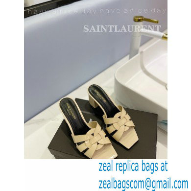 Saint Laurent Heel 6.5cm Tribute Mules Slide Sandals in Patent Leather Beige - Click Image to Close