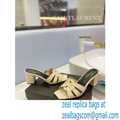 Saint Laurent Heel 6.5cm Tribute Mules Slide Sandals in Patent Leather Beige - Click Image to Close