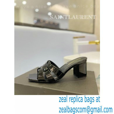 Saint Laurent Heel 6.5cm Tribute Mules Slide Sandals in Patent Leather Black - Click Image to Close
