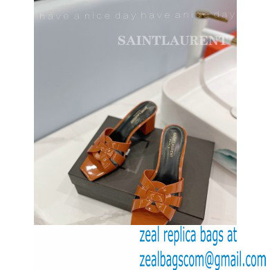 Saint Laurent Heel 6.5cm Tribute Mules Slide Sandals in Patent Leather Brown