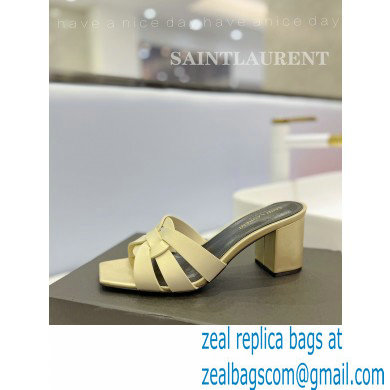 Saint Laurent Heel 6.5cm Tribute Mules Slide Sandals in Smooth Leather Beige