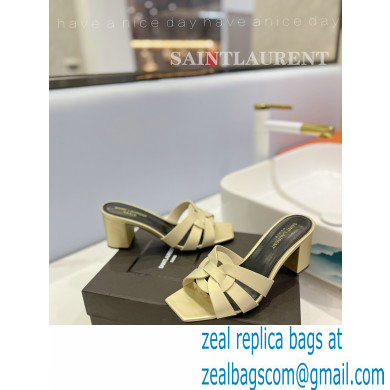 Saint Laurent Heel 6.5cm Tribute Mules Slide Sandals in Smooth Leather Beige