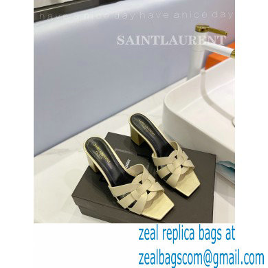 Saint Laurent Heel 6.5cm Tribute Mules Slide Sandals in Smooth Leather Beige - Click Image to Close
