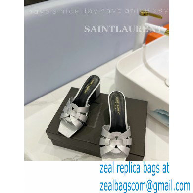 Saint Laurent Heel 6.5cm Tribute Mules Slide Sandals in Smooth Leather Silver - Click Image to Close