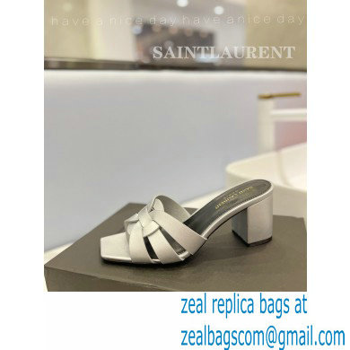 Saint Laurent Heel 6.5cm Tribute Mules Slide Sandals in Smooth Leather Silver