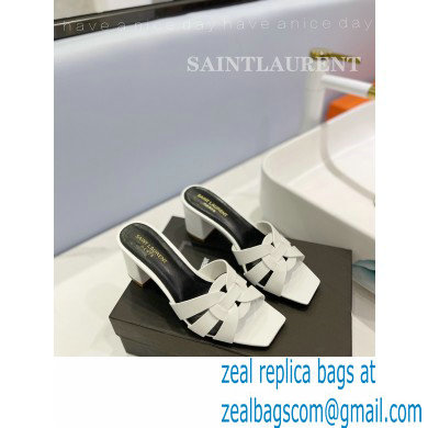 Saint Laurent Heel 6.5cm Tribute Mules Slide Sandals in Smooth Leather White
