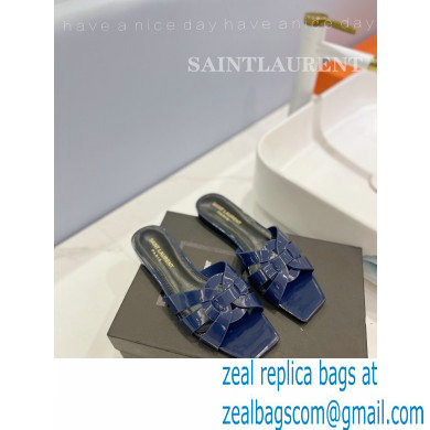Saint Laurent Tribute Flat Mules Slide Sandals in Patent Leather 571952 Blue
