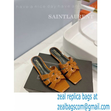 Saint Laurent Tribute Flat Mules Slide Sandals in Patent Leather 571952 Brown