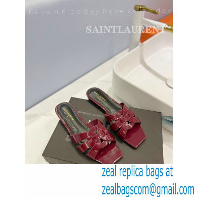 Saint Laurent Tribute Flat Mules Slide Sandals in Patent Leather 571952 Burgundy