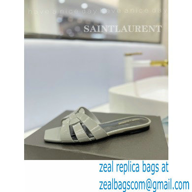 Saint Laurent Tribute Flat Mules Slide Sandals in Patent Leather 571952 Gray