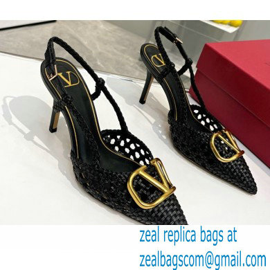 Valentino Heel 8.5cm VLogo Signature Slingback Pumps Woven Black 2023