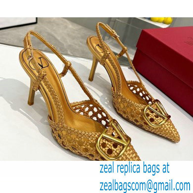 Valentino Heel 8.5cm VLogo Signature Slingback Pumps Woven Gold 2023