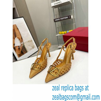 Valentino Heel 8.5cm VLogo Signature Slingback Pumps Woven Gold 2023