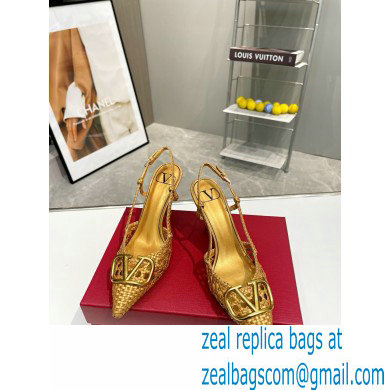 Valentino Heel 8.5cm VLogo Signature Slingback Pumps Woven Gold 2023