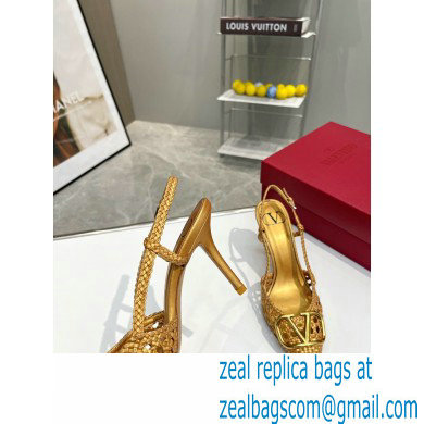 Valentino Heel 8.5cm VLogo Signature Slingback Pumps Woven Gold 2023