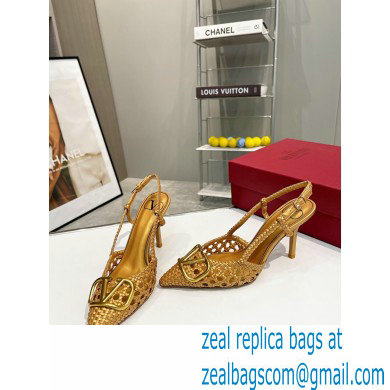 Valentino Heel 8.5cm VLogo Signature Slingback Pumps Woven Gold 2023