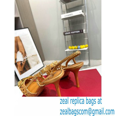 Valentino Heel 8.5cm VLogo Signature Slingback Pumps Woven Gold 2023 - Click Image to Close
