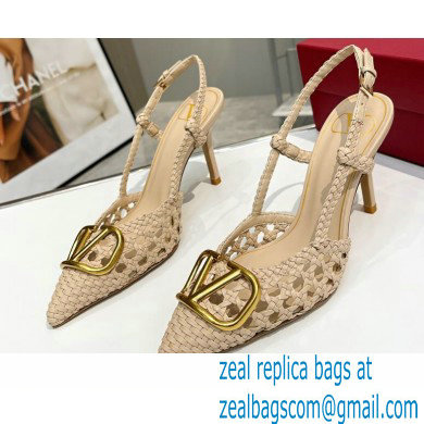 Valentino Heel 8.5cm VLogo Signature Slingback Pumps Woven Nude 2023