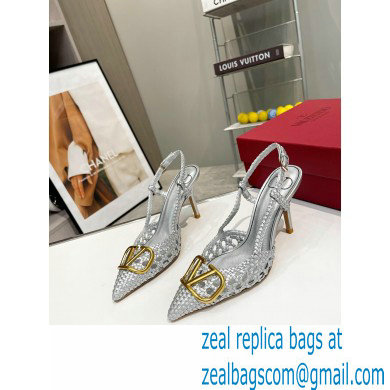 Valentino Heel 8.5cm VLogo Signature Slingback Pumps Woven Silver 2023