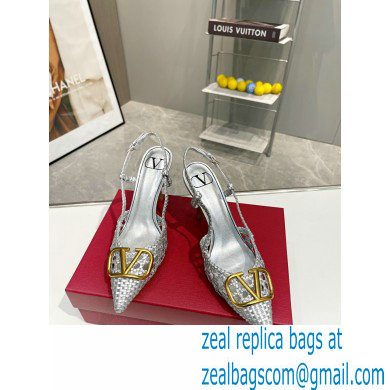 Valentino Heel 8.5cm VLogo Signature Slingback Pumps Woven Silver 2023