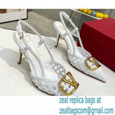 Valentino Heel 8.5cm VLogo Signature Slingback Pumps Woven White 2023 - Click Image to Close