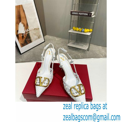 Valentino Heel 8.5cm VLogo Signature Slingback Pumps Woven White 2023 - Click Image to Close