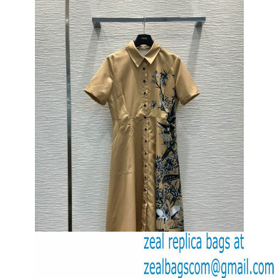 dior Beige Cotton Gabardine with Multicolor Dior Jardin d'Hiver Motif Mid-Length Belted Dress 2023
