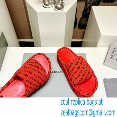 Balenciaga all-over logo-print platform slides Sandals Red 2023 - Click Image to Close