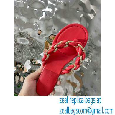 Bottega Veneta Dot Chain-braided leather flat sandals Red 2023
