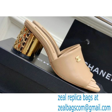 Chanel Gold Heel 5.5cm CC Logo Mules Beige 2023