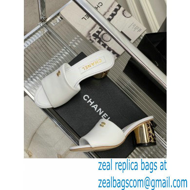 Chanel Gold Heel 5.5cm CC Logo Mules White 2023