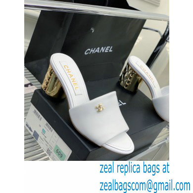 Chanel Gold Heel 5.5cm CC Logo Mules White 2023