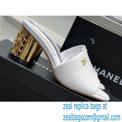 Chanel Gold Heel 5.5cm CC Logo Mules White 2023