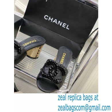 Chanel Gold Heel 5.5cm Pearl CC Logo Mules Black 2023