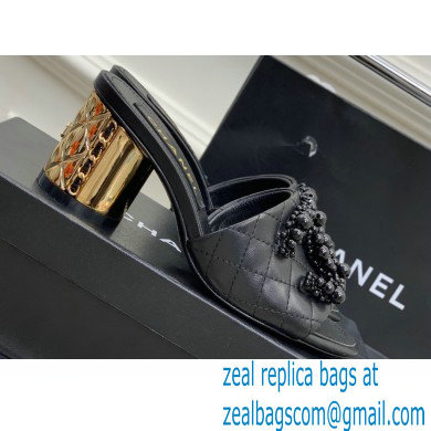 Chanel Gold Heel 5.5cm Pearl CC Logo Mules Black 2023