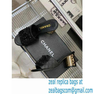 Chanel Gold Heel 5.5cm Pearl CC Logo Mules Black 2023