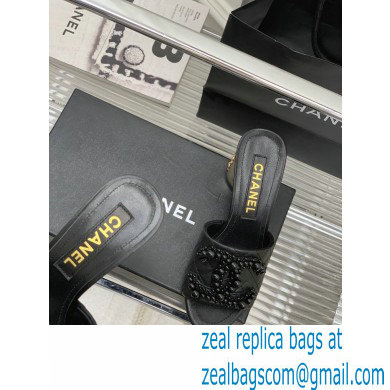 Chanel Gold Heel 5.5cm Pearl CC Logo Mules Black 2023