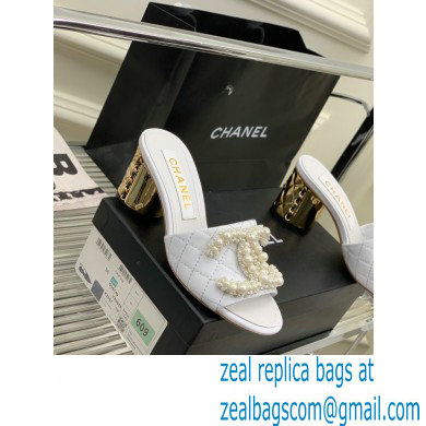 Chanel Gold Heel 5.5cm Pearl CC Logo Mules White 2023
