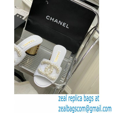 Chanel Gold Heel 5.5cm Pearl CC Logo Mules White 2023