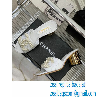 Chanel Gold Heel 5.5cm Pearl CC Logo Mules White 2023