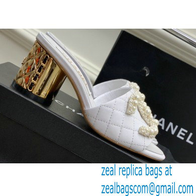 Chanel Gold Heel 5.5cm Pearl CC Logo Mules White 2023
