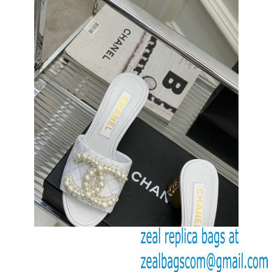 Chanel Gold Heel 5.5cm Pearl CC Logo Mules White 2023