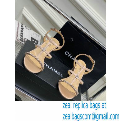 Chanel Heel 2cm Chain Lambskin Sandals G39645 Beige 2023