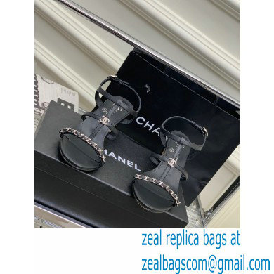 Chanel Heel 2cm Chain Lambskin Sandals G39645 Black 2023