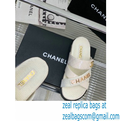 Chanel Heel 2cm Patent and Tweed Logo Mules White 2023