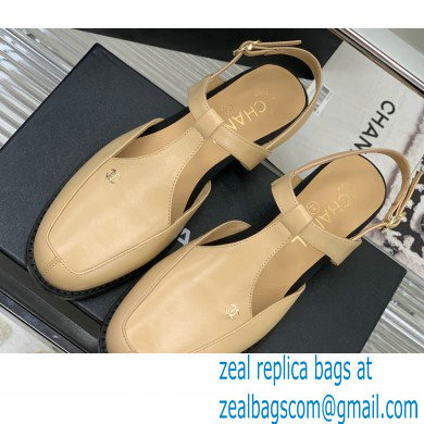 Chanel Heel 3cm Leather Round Toe Slingbacks Beige 2023