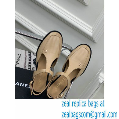 Chanel Heel 3cm Leather Round Toe Slingbacks Beige 2023
