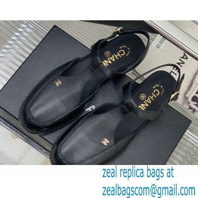 Chanel Heel 3cm Leather Round Toe Slingbacks Black 2023