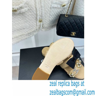 Chanel Pearl and Bow Lambskin Mules G40132 Beige 2023