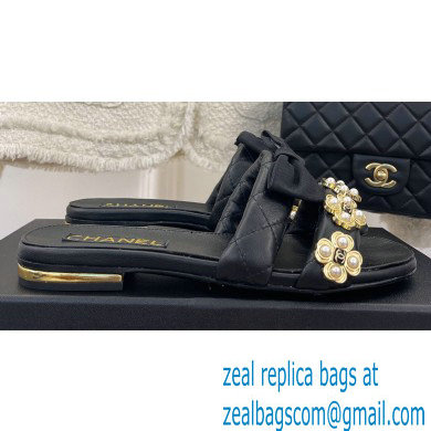 Chanel Pearl and Bow Lambskin Mules G40132 Black 2023
